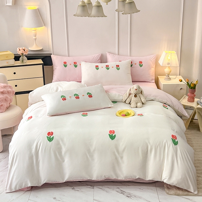 91家纺网 家纺一手货源 找家纺 艾米家居 2025水洗真丝四件套毛巾绣四件套-郁金香系列 白加粉