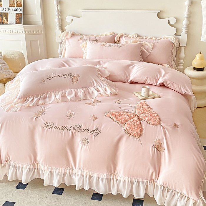 91家纺网 家纺一手货源 找家纺 富盛 2024新款水洗亲肤棉立体刺绣四件套公主风四件套-蝴蝶系列 蝴蝶-粉