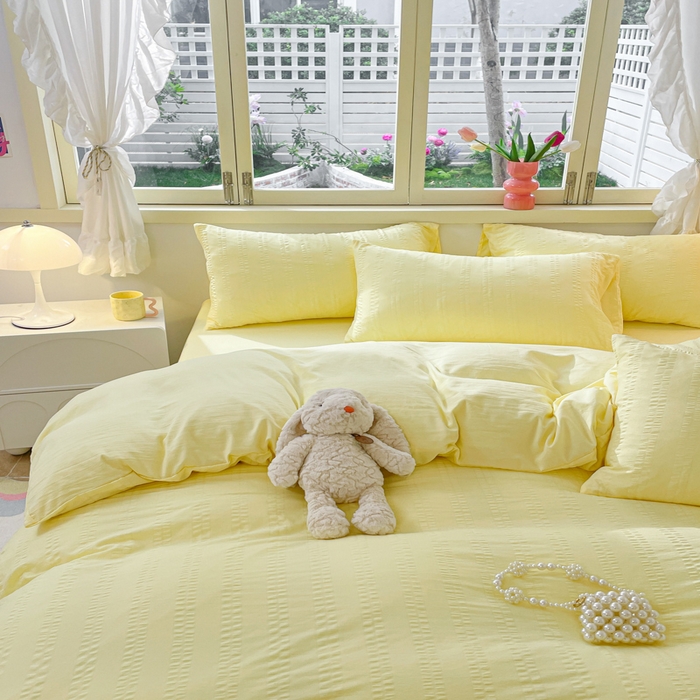 91家纺网 家纺一手货源 找家纺 梦之岛 2024新款小清新泡泡纱安妮系列水洗磨毛四件套 安妮-黄