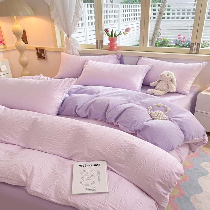 91家纺网 家纺一手货源 找家纺 梦之岛 2024新款小清新泡泡纱安妮系列水洗磨毛四件套 安妮-紫