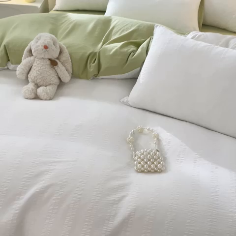 91家纺网 家纺一手货源 找家纺 梦之岛 2024新款小清新泡泡纱安妮系列水洗磨毛四件套 安妮-白绿