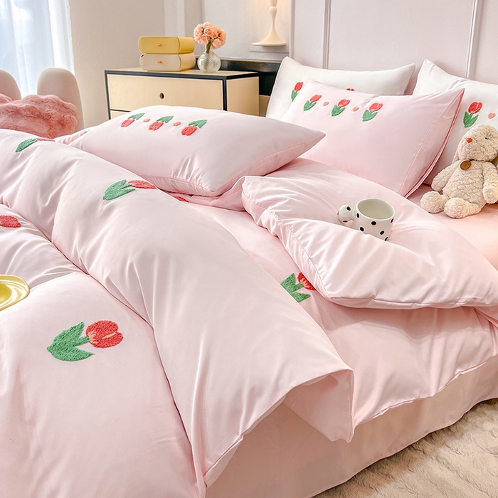 91家纺网 家纺一手货源 找家纺 艾米家居 2025水洗真丝四件套毛巾绣四件套-郁金香系列 粉