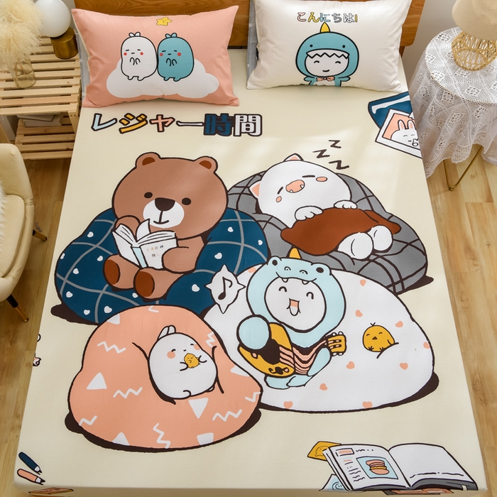 91家纺网 家纺一手货源 找家纺 沐白家居 2024新款纯棉喷气133*72二次元大版印花单床笠 晚安熊