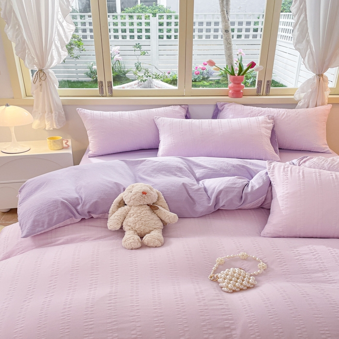 91家纺网 家纺一手货源 找家纺 梦之岛 2024新款小清新泡泡纱安妮系列水洗磨毛四件套 安妮-紫