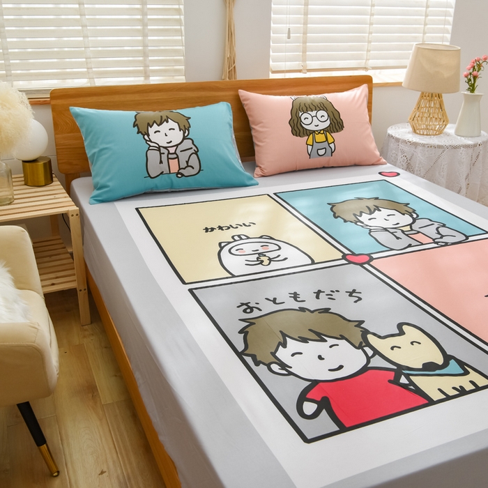 91家纺网 家纺一手货源 找家纺 沐白家居 2024新款纯棉喷气133*72二次元大版印花单床笠 城市少年