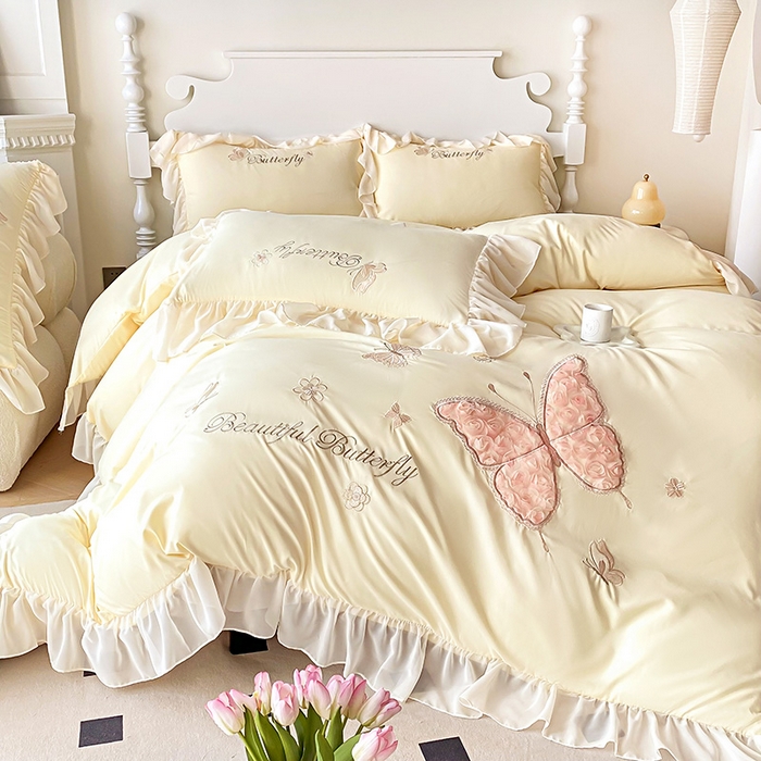 91家纺网 家纺一手货源 找家纺 富盛 2024新款水洗亲肤棉立体刺绣四件套公主风四件套-蝴蝶系列 蝴蝶-黄