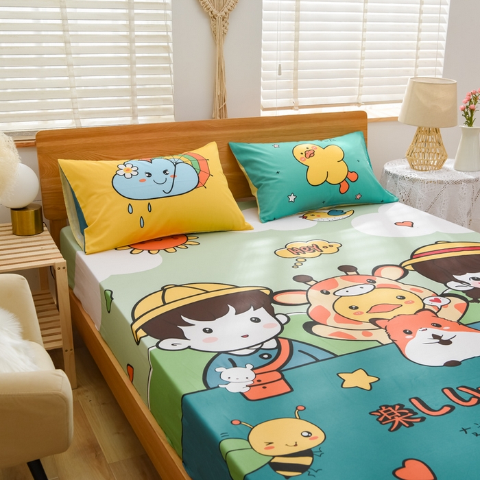 91家纺网 家纺一手货源 找家纺 沐白家居 2024新款纯棉喷气133*72二次元大版印花单床笠 趣味