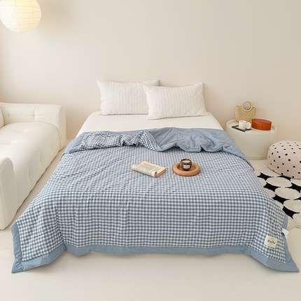 珺柔 2024新款 水洗棉全棉色织提花夏凉被夏被空调被 蓝格