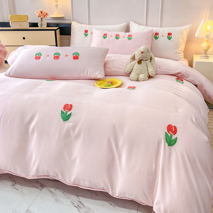 91家纺网 家纺一手货源 找家纺 艾米家居 2025水洗真丝四件套毛巾绣四件套-郁金香系列 粉