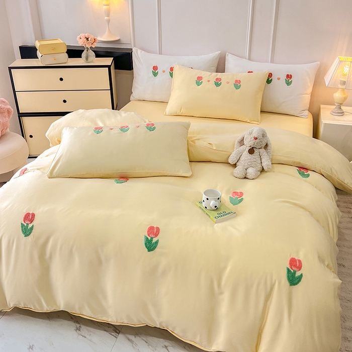 91家纺网 家纺一手货源 找家纺 艾米家居 2025水洗真丝四件套毛巾绣四件套-郁金香系列 黄