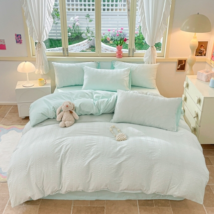 91家纺网 家纺一手货源 找家纺 梦之岛 2024新款小清新泡泡纱安妮系列水洗磨毛四件套 安妮-水绿