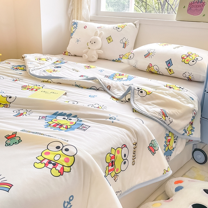 91家纺网 家纺一手货源 找家纺 金爱家 2024新款A类三丽鸥正版授权高品质牛奶丝软糯针织棉夏被系列 针织棉三丽鸥-彩虹大眼蛙