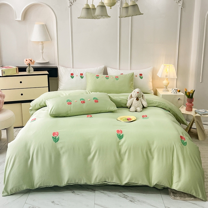 91家纺网 家纺一手货源 找家纺 艾米家居 2025水洗真丝四件套毛巾绣四件套-郁金香系列 水绿