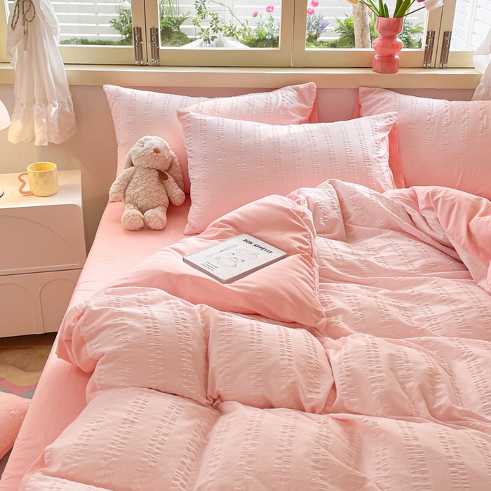 91家纺网 家纺一手货源 找家纺 梦之岛 2024新款小清新泡泡纱安妮系列水洗磨毛四件套 安妮-粉