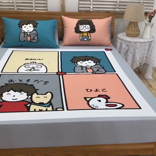 91家纺网 家纺一手货源 找家纺 沐白家居 2024新款纯棉喷气133*72二次元大版印花单床笠 城市少年