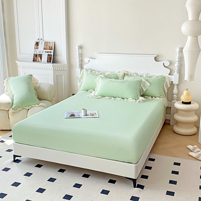 91家纺网 家纺一手货源 找家纺 富盛 2024新款水洗亲肤棉立体刺绣四件套公主风四件套-蝴蝶系列 蝴蝶-嫩绿