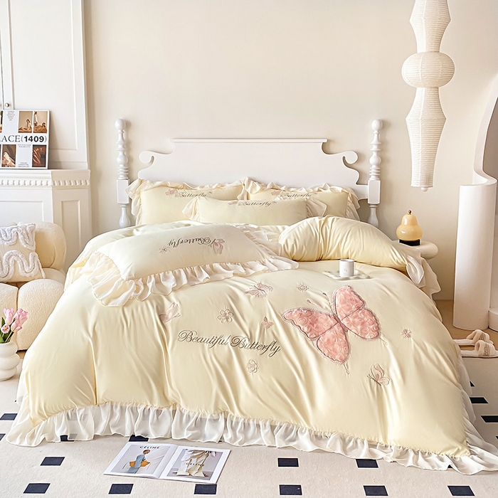 91家纺网 家纺一手货源 找家纺 富盛 2024新款水洗亲肤棉立体刺绣四件套公主风四件套-蝴蝶系列 蝴蝶-黄