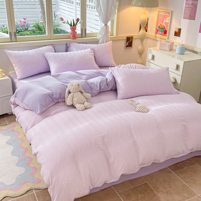 91家纺网 家纺一手货源 找家纺 梦之岛 2024新款小清新泡泡纱安妮系列水洗磨毛四件套 安妮-紫