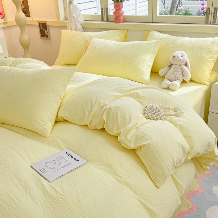 91家纺网 家纺一手货源 找家纺 梦之岛 2024新款小清新泡泡纱安妮系列水洗磨毛四件套 安妮-黄