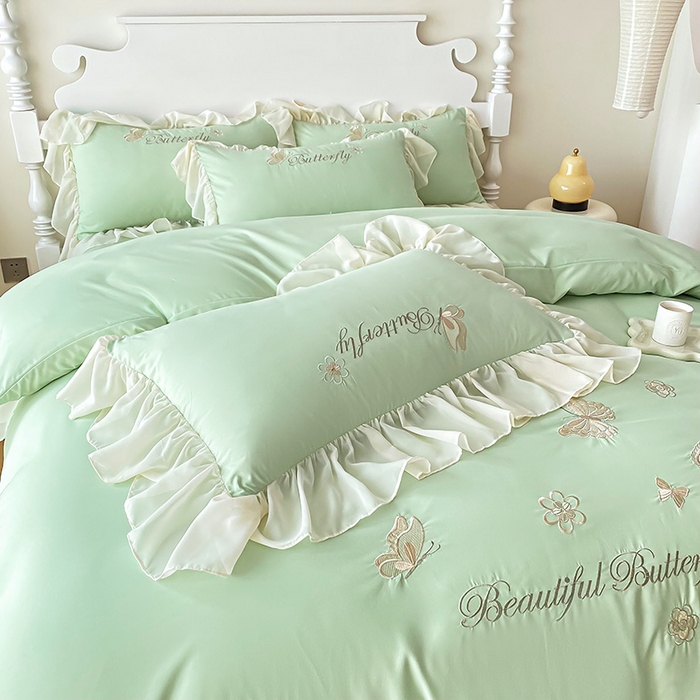 91家纺网 家纺一手货源 找家纺 富盛 2024新款水洗亲肤棉立体刺绣四件套公主风四件套-蝴蝶系列 蝴蝶-嫩绿