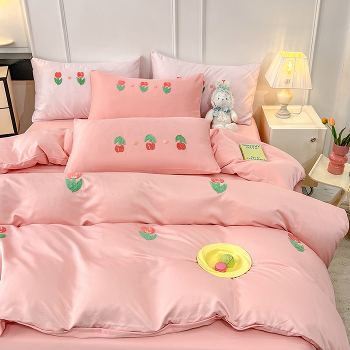 91家纺网 家纺一手货源 找家纺 艾米家居 2025水洗真丝四件套毛巾绣四件套-郁金香系列 豆沙