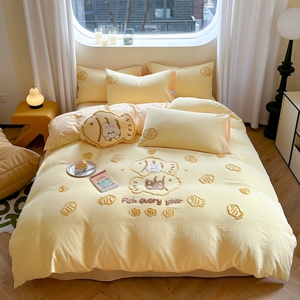 91家纺网 家纺一手货源 找家纺 眠屿 2024全棉A类皱皱纱毛巾绣四件套 鲷鱼烧