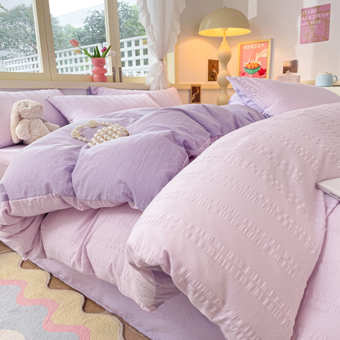 91家纺网 家纺一手货源 找家纺 梦之岛 2024新款小清新泡泡纱安妮系列水洗磨毛四件套 安妮-紫