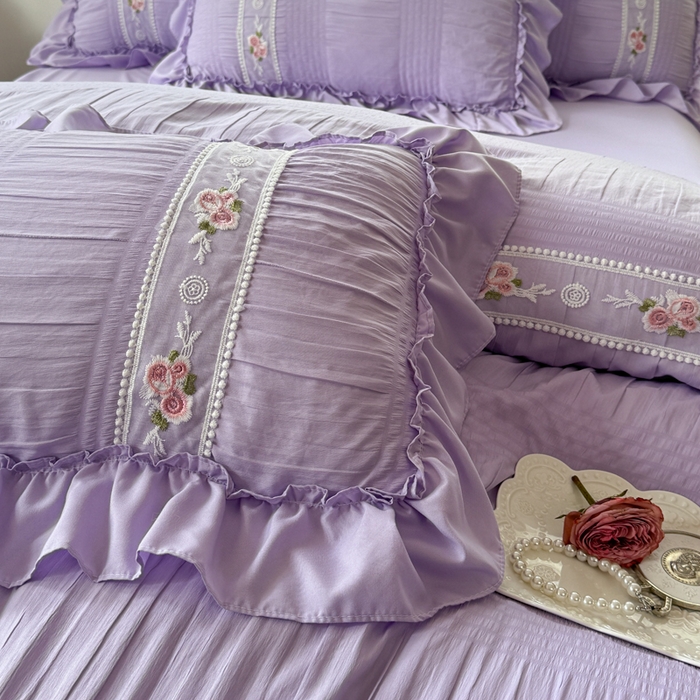 91家纺网 家纺一手货源 找家纺 仟网汇 2024新款韩版泡泡纱刺绣花边四件套 泡泡纱-薰衣草紫