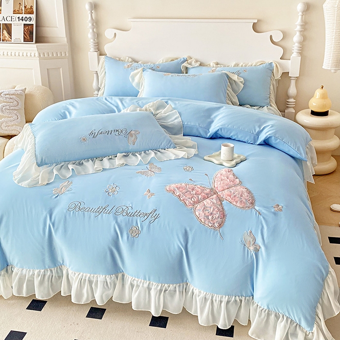 91家纺网 家纺一手货源 找家纺 富盛 2024新款水洗亲肤棉立体刺绣四件套公主风四件套-蝴蝶系列 蝴蝶-蓝