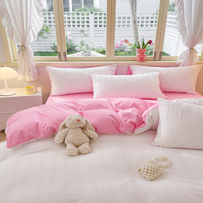 91家纺网 家纺一手货源 找家纺 梦之岛 2024新款小清新泡泡纱安妮系列水洗磨毛四件套 安妮-白粉