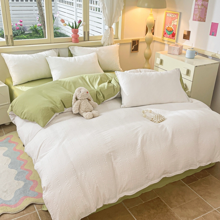 91家纺网 家纺一手货源 找家纺 梦之岛 2024新款小清新泡泡纱安妮系列水洗磨毛四件套 安妮-白绿