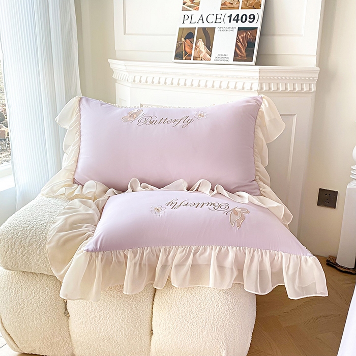 91家纺网 家纺一手货源 找家纺 富盛 2024新款水洗亲肤棉立体刺绣四件套公主风四件套-蝴蝶系列 蝴蝶-紫