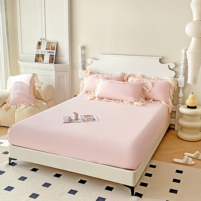 91家纺网 家纺一手货源 找家纺 富盛 2024新款水洗亲肤棉立体刺绣四件套公主风四件套-蝴蝶系列 蝴蝶-粉