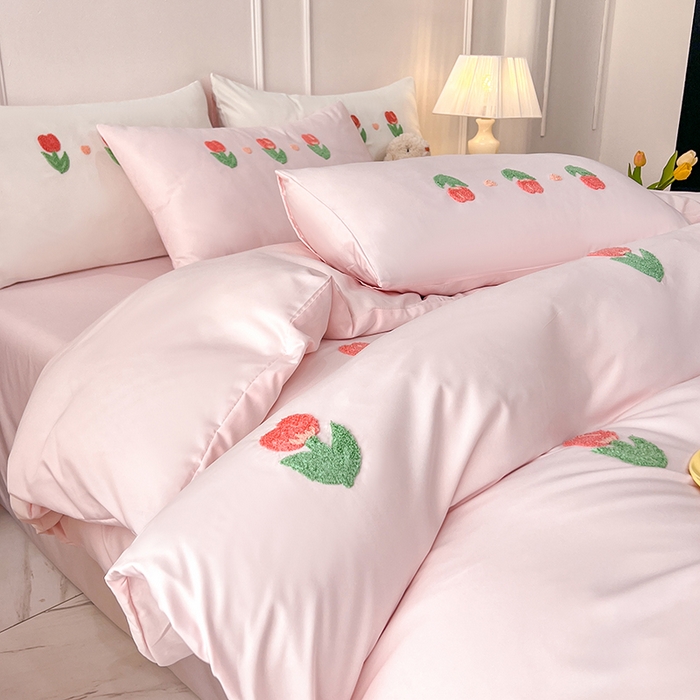 91家纺网 家纺一手货源 找家纺 艾米家居 2025水洗真丝四件套毛巾绣四件套-郁金香系列 粉