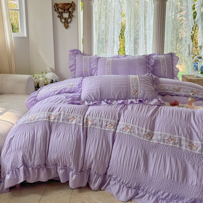 91家纺网 家纺一手货源 找家纺 仟网汇 2024新款韩版泡泡纱刺绣花边四件套 泡泡纱-薰衣草紫