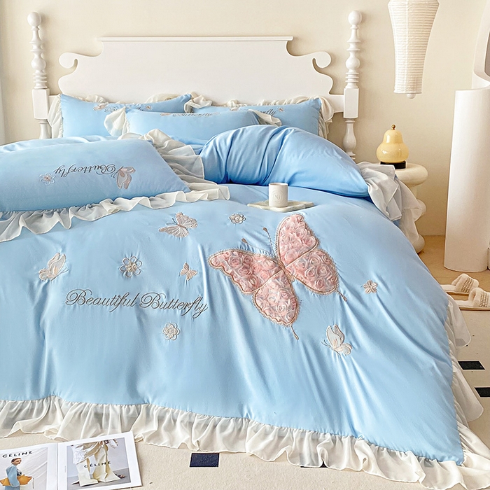 91家纺网 家纺一手货源 找家纺 富盛 2024新款水洗亲肤棉立体刺绣四件套公主风四件套-蝴蝶系列 蝴蝶-蓝