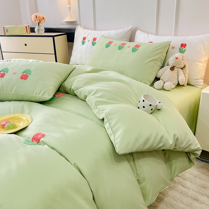 91家纺网 家纺一手货源 找家纺 艾米家居 2025水洗真丝四件套毛巾绣四件套-郁金香系列 水绿