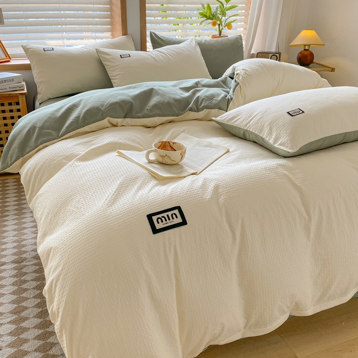 91家纺网 家纺一手货源 找家纺 梦之岛 2024miu贴标水洗磨毛华夫格四件套 miumiu -白绿