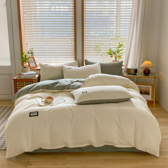 91家纺网 家纺一手货源 找家纺 梦之岛 2024miu贴标水洗磨毛华夫格四件套 miumiu -白绿