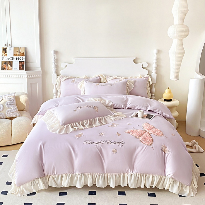 91家纺网 家纺一手货源 找家纺 富盛 2024新款水洗亲肤棉立体刺绣四件套公主风四件套-蝴蝶系列 蝴蝶-紫