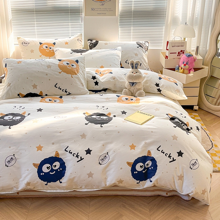 91家纺网 家纺一手货源 找家纺 2024新款全棉印花四件套 毛球怪