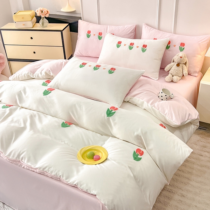 91家纺网 家纺一手货源 找家纺 艾米家居 2025水洗真丝四件套毛巾绣四件套-郁金香系列 白加粉