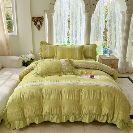91家纺网 家纺一手货源 找家纺 仟网汇 2024新款韩版泡泡纱刺绣花边四件套 泡泡纱-牛油果绿
