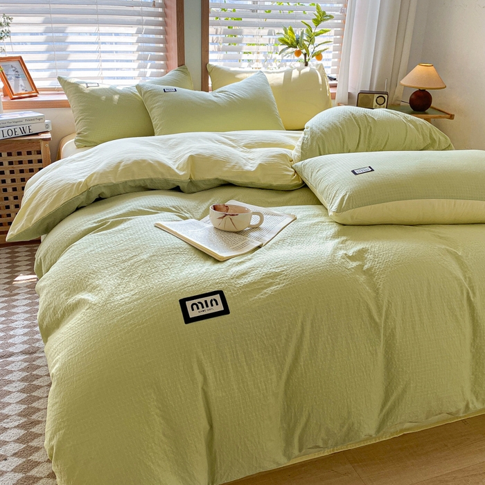 91家纺网 家纺一手货源 找家纺 梦之岛 2024miu贴标水洗磨毛华夫格四件套 miumiu -黄绿