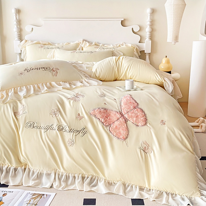 91家纺网 家纺一手货源 找家纺 富盛 2024新款水洗亲肤棉立体刺绣四件套公主风四件套-蝴蝶系列 蝴蝶-黄