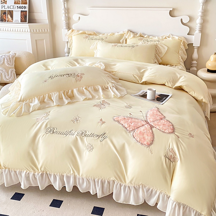91家纺网 家纺一手货源 找家纺 富盛 2024新款水洗亲肤棉立体刺绣四件套公主风四件套-蝴蝶系列 蝴蝶-黄