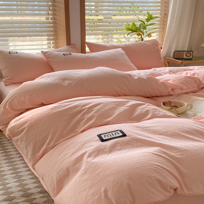 91家纺网 家纺一手货源 找家纺 梦之岛 2024miu贴标水洗磨毛华夫格四件套 miumiu -粉