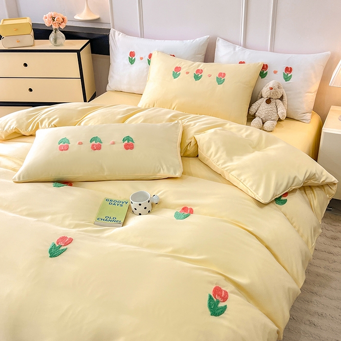 91家纺网 家纺一手货源 找家纺 艾米家居 2025水洗真丝四件套毛巾绣四件套-郁金香系列 黄