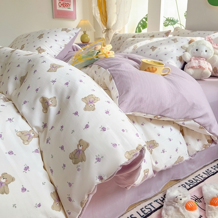 91家纺网 家纺一手货源 找家纺 优选良品 2025新款直播爆款母婴级水洗皱皱棉四件套小碎花被套床笠款三件套薄荷萌熊