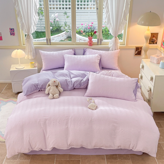 91家纺网 家纺一手货源 找家纺 梦之岛 2024新款小清新泡泡纱安妮系列水洗磨毛四件套 安妮-紫